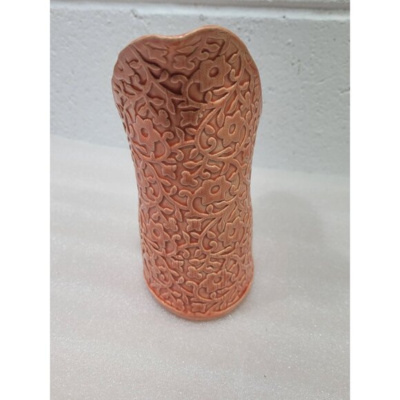 Embossed Orange Tulip Vase Handmade Ceramic Flowers Unique - Picture 2 of 8